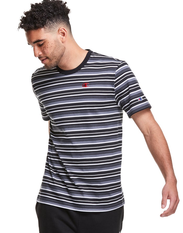 Champion Yarn-Dye Stripe C Logo Erkek Tişört Siyah/Gri ( SLNFDV967 )